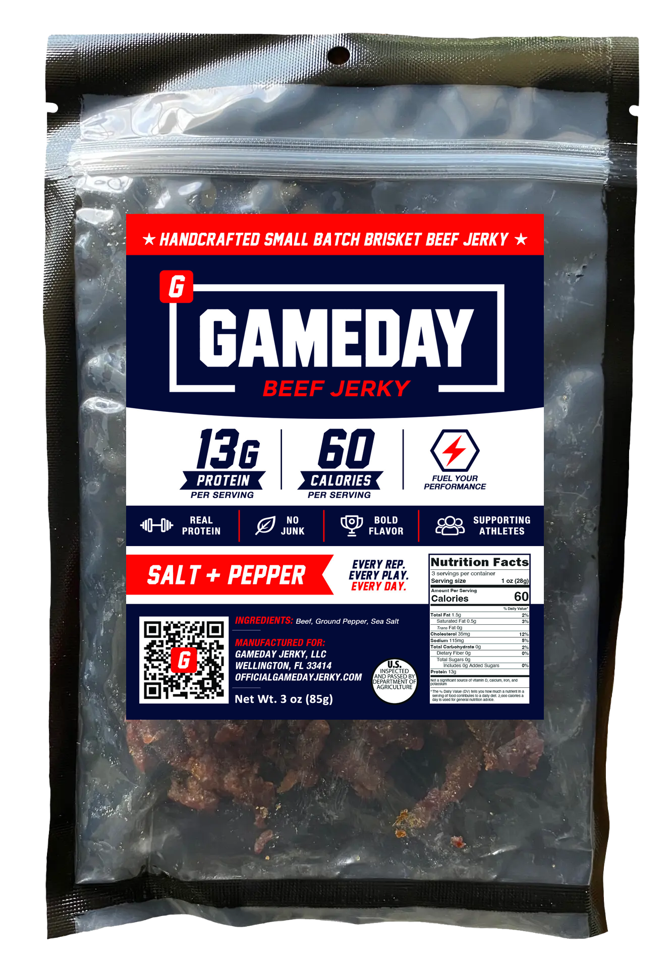 Gameday Jerky Salt + Pepper beef jerky bag