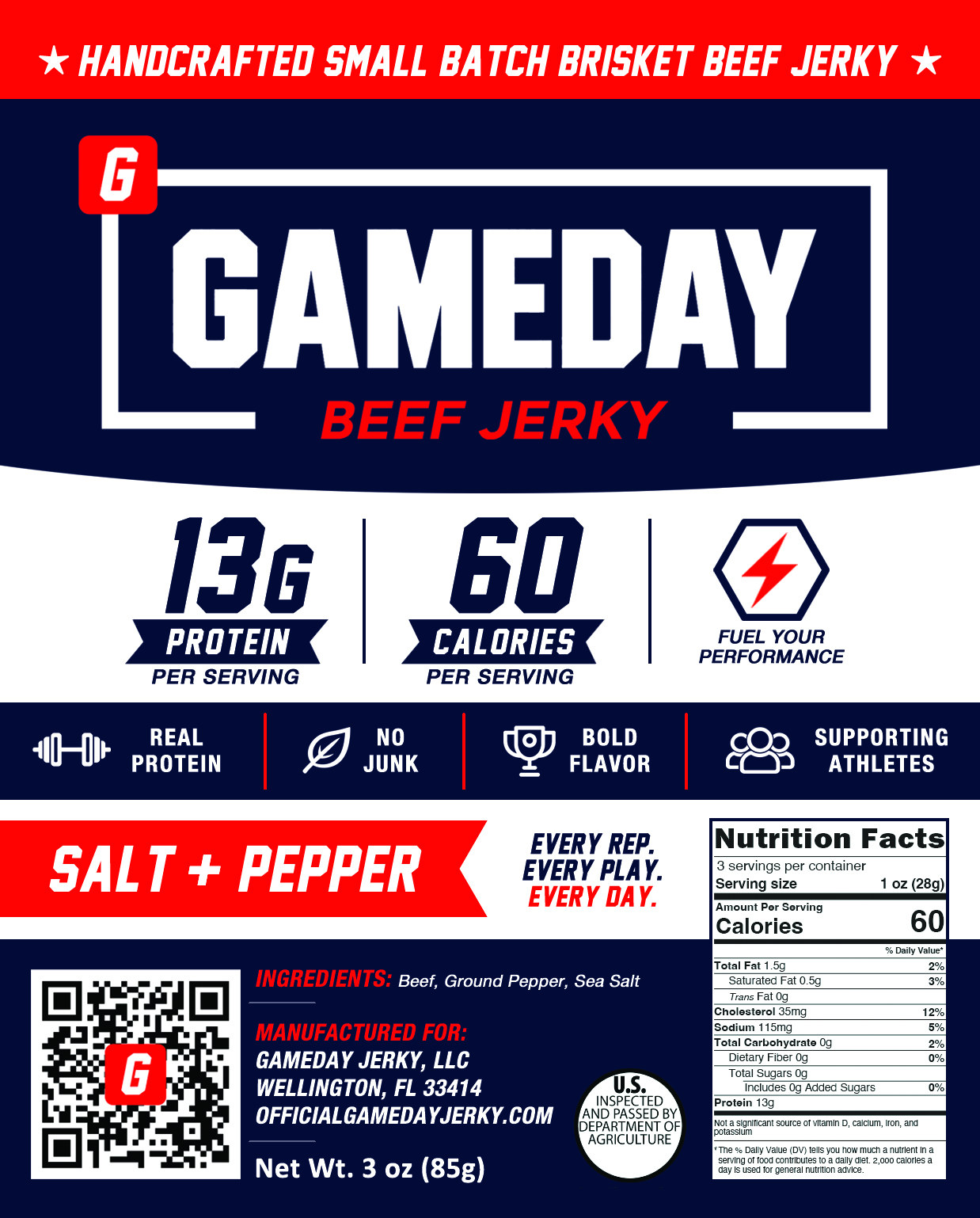 Salt + Pepper Gameday Beef Jerky label with ingredients and nutrition facts